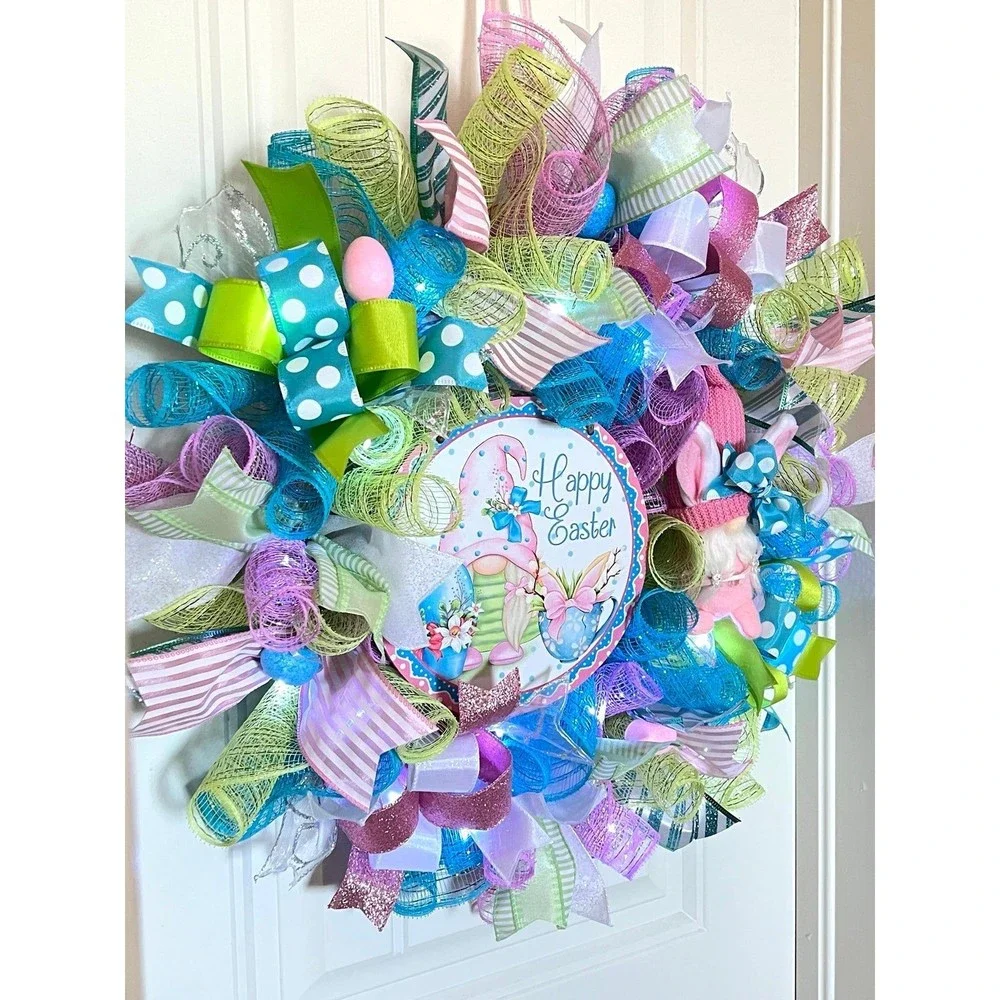 Handmade Easter Girl Bunny Gnome Prelit Ribbon Wreath 22 in LED W8
